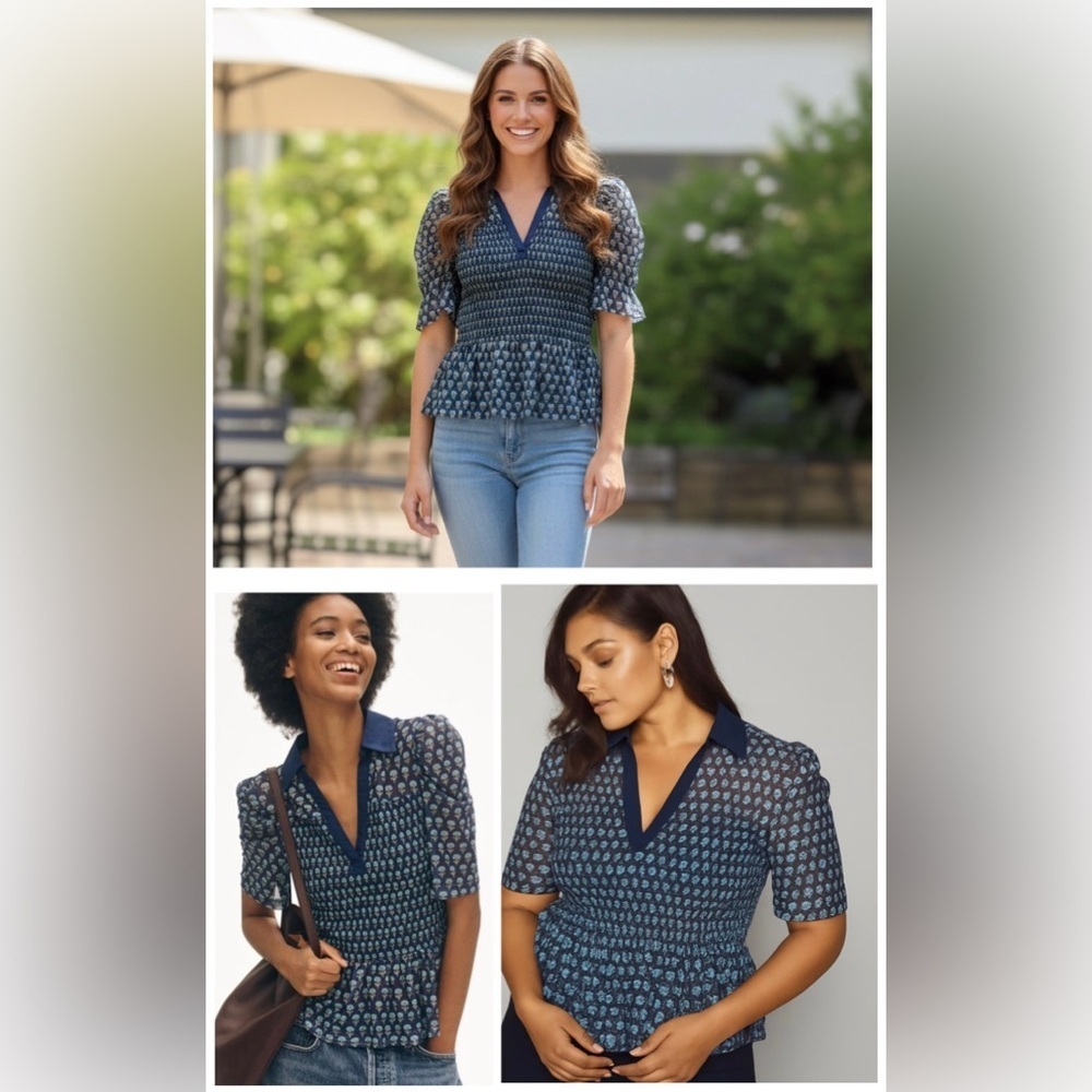 Anthropologie Maeve Navy Smocked Polo Sheer with Peplum Hem Top Blouse size L